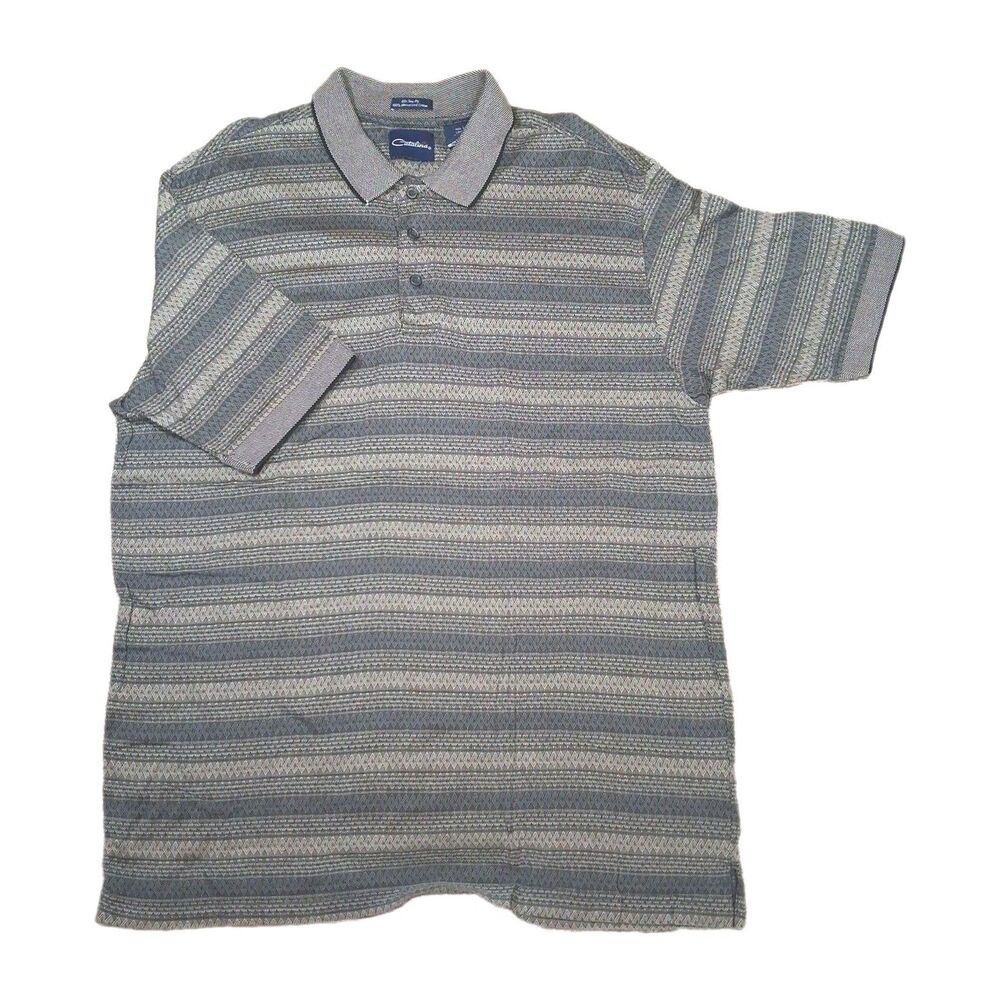 Catalina Mens Polo Shirt Large Blue Striped Short Sleeve Mercerized Cotton Golf